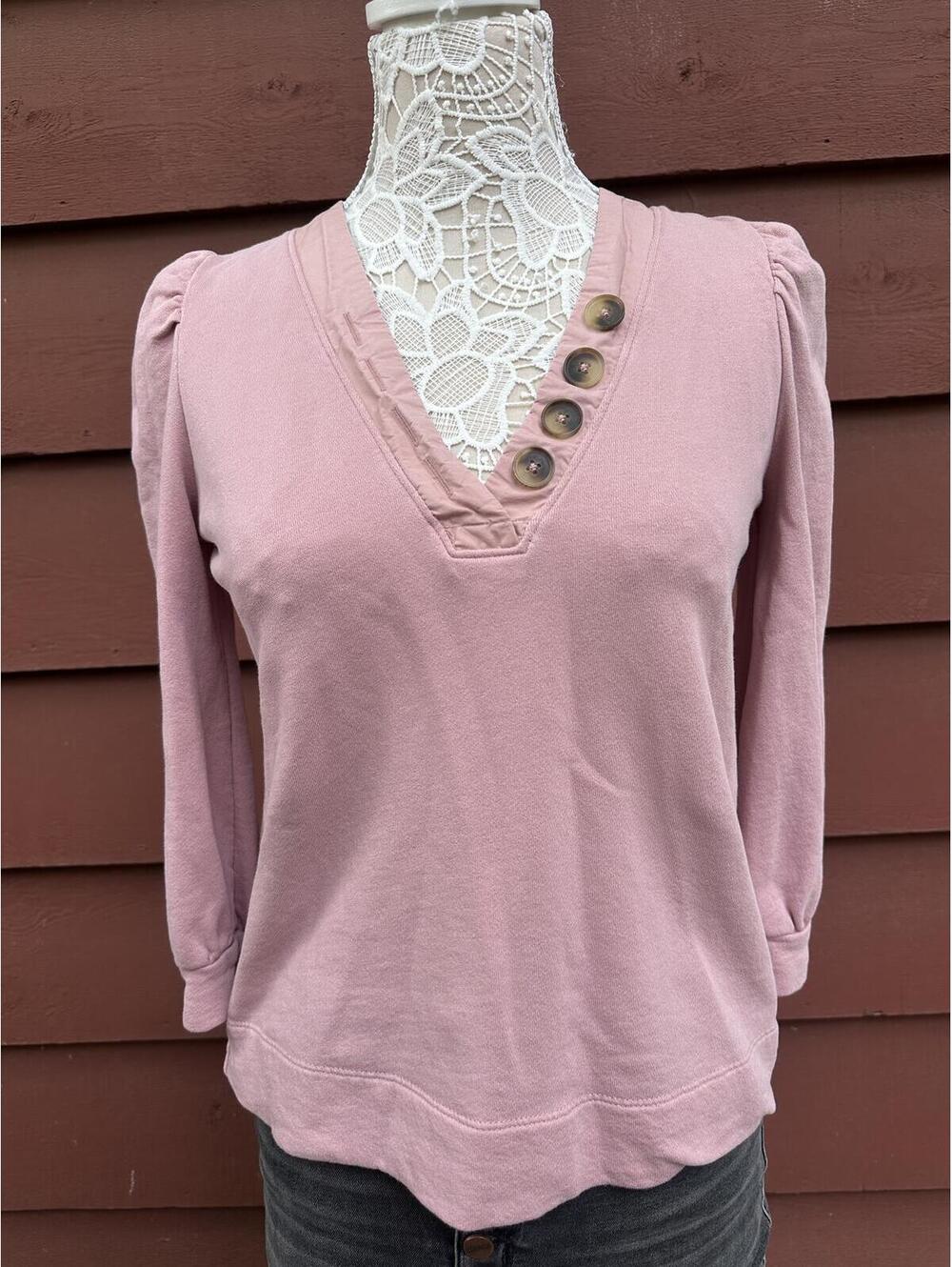 LOFT Soft Mauve V Neck Long Sleeve Top with Button Detail Feminine Casual Style